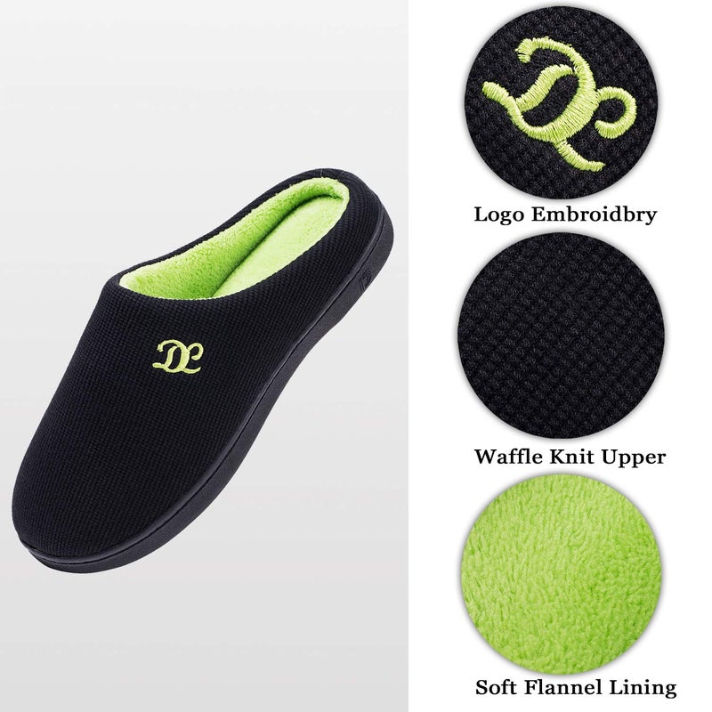 DL Men's Memory Foam Slippers - Comfortable Indoor/Outdoor House Slippers, Warm Soft Flannel Lining, Size 13-14, Black/Green - Image 5